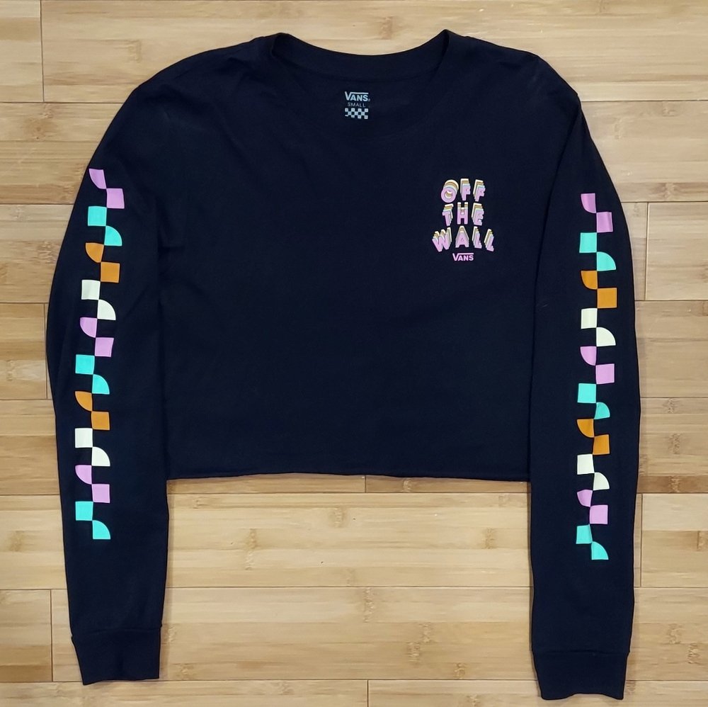 Vans Off The Wall Long Sleeve Crop Top Women's Size Small Multicolored Black